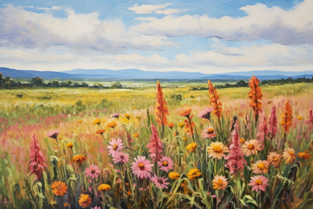 PNG Flower field while harvesting painting landscape grassland. AI generated Image by rawpixel.