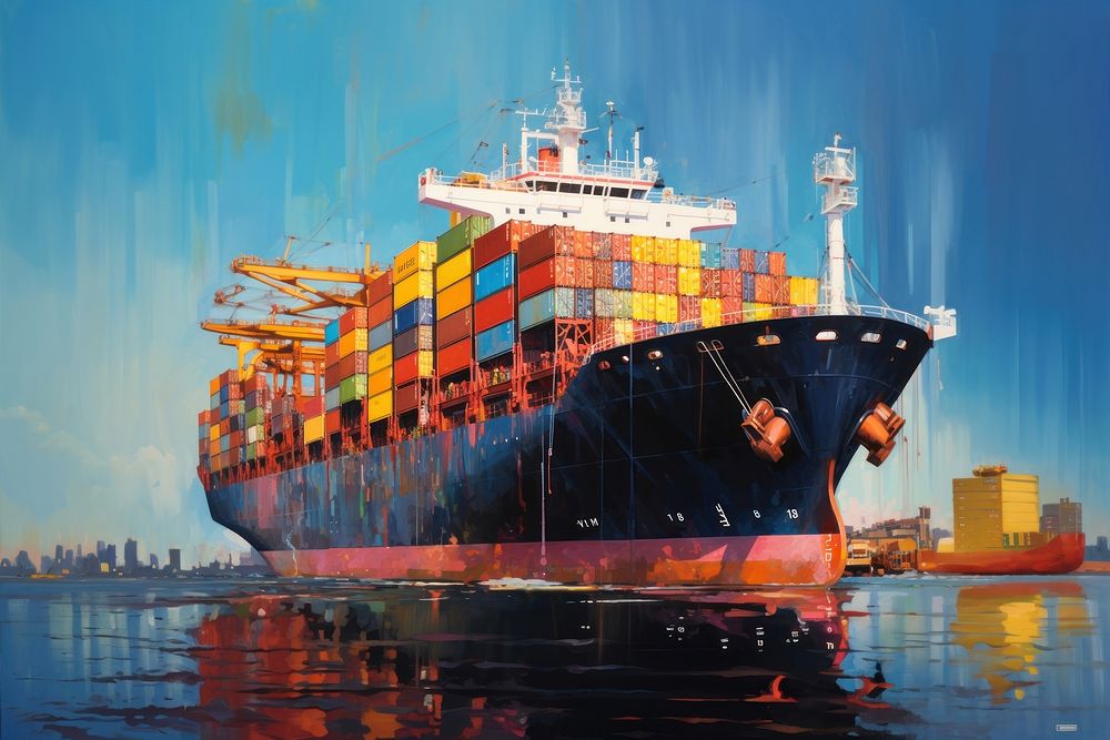 PNG Heavily loaded container cargo ship painting vehicle boat. AI generated Image by rawpixel.