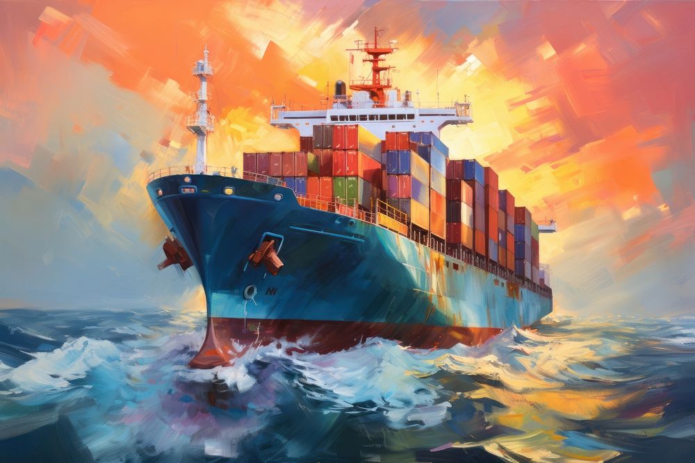 PNG Heavily loaded container cargo ship painting vehicle boat. AI generated Image by rawpixel.
