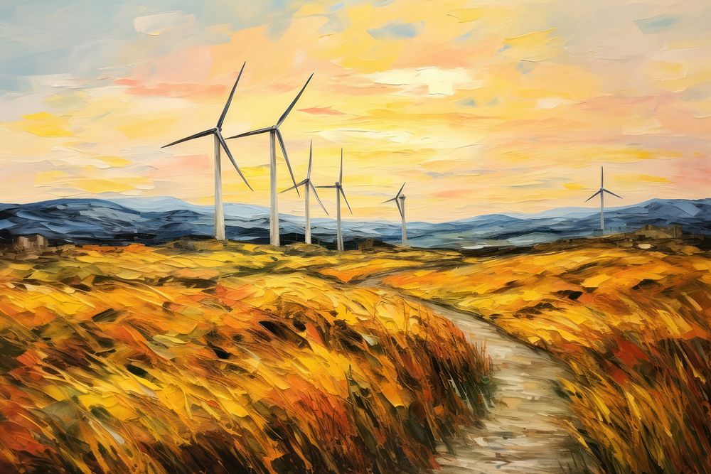 PNG Landscape with wind turbines painting windmill outdoors. AI generated Image by rawpixel.