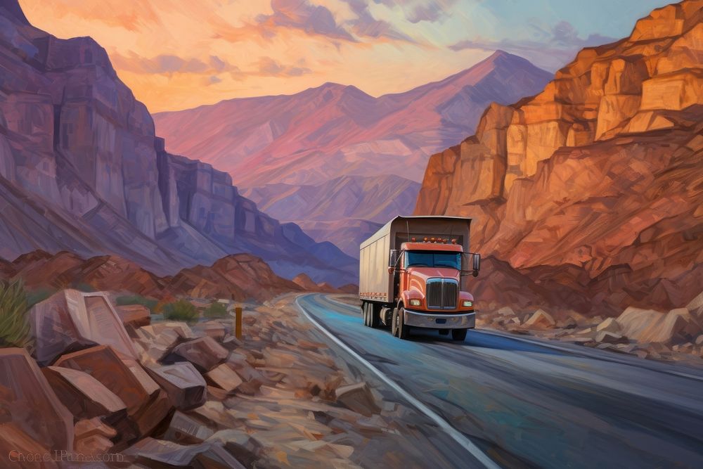 PNG Modern large truck on the road throuh the mountain painting outdoors vehicle. AI generated Image by rawpixel.