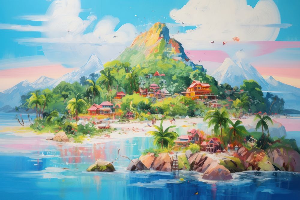 PNG Resort island painting landscape outdoors. AI generated Image by rawpixel.