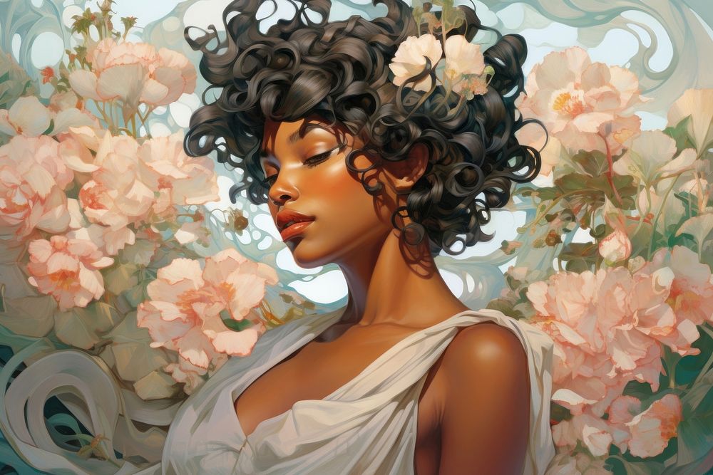 Serene stunning black woman in short hair flower art photography.