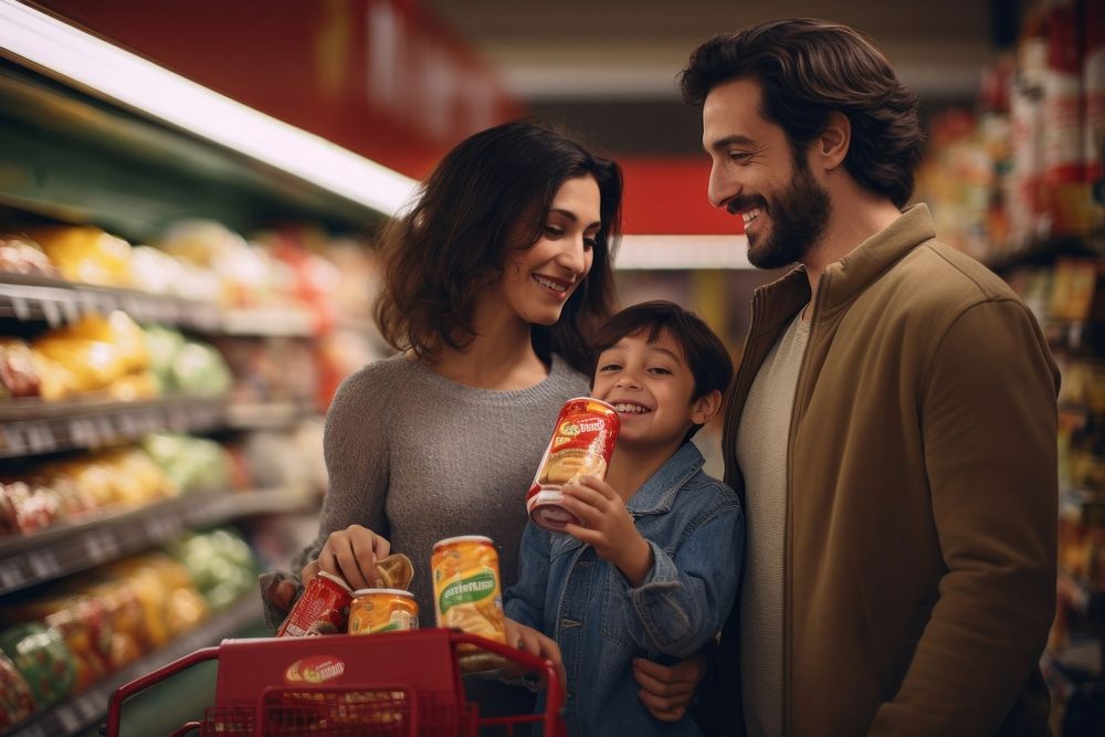 A hispanic family is shopping supermarket holding adult.