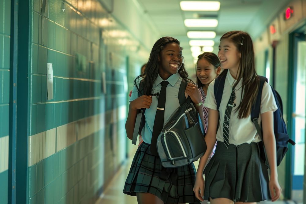 Students walking down the hallway school smile girl.