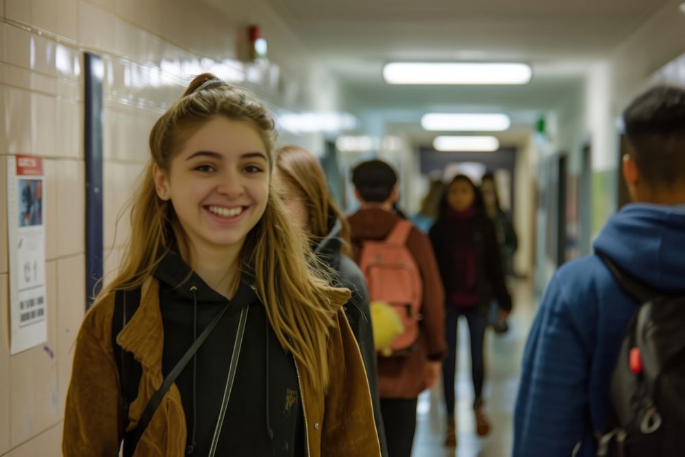 Students walking down the hallway school adult smile.