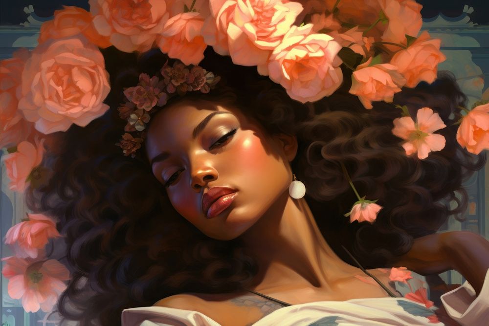 Stunning black woman in pose flower art photography.