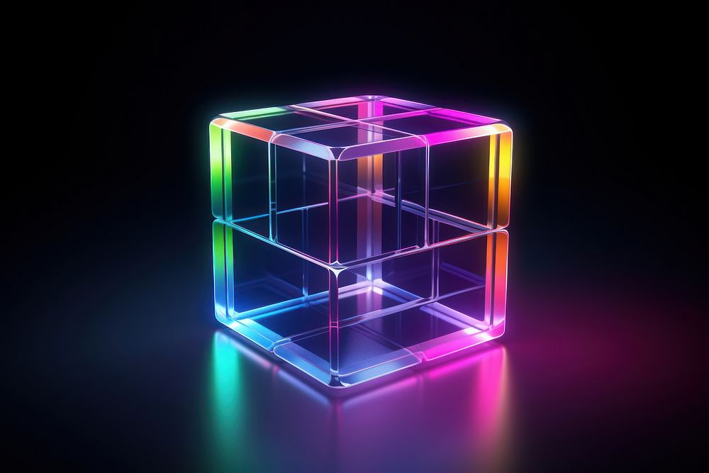 3D render of cube neon icon illuminated futuristic technology.