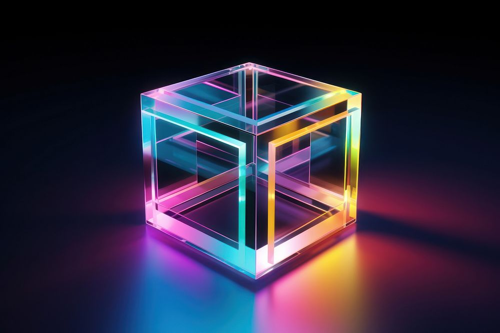 3D render of cube neon icon illuminated electronics futuristic.