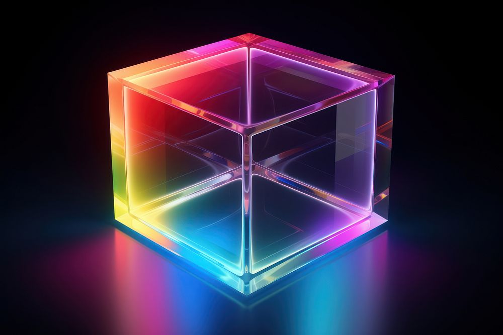 3D render of cube neon icon crystal illuminated electronics.