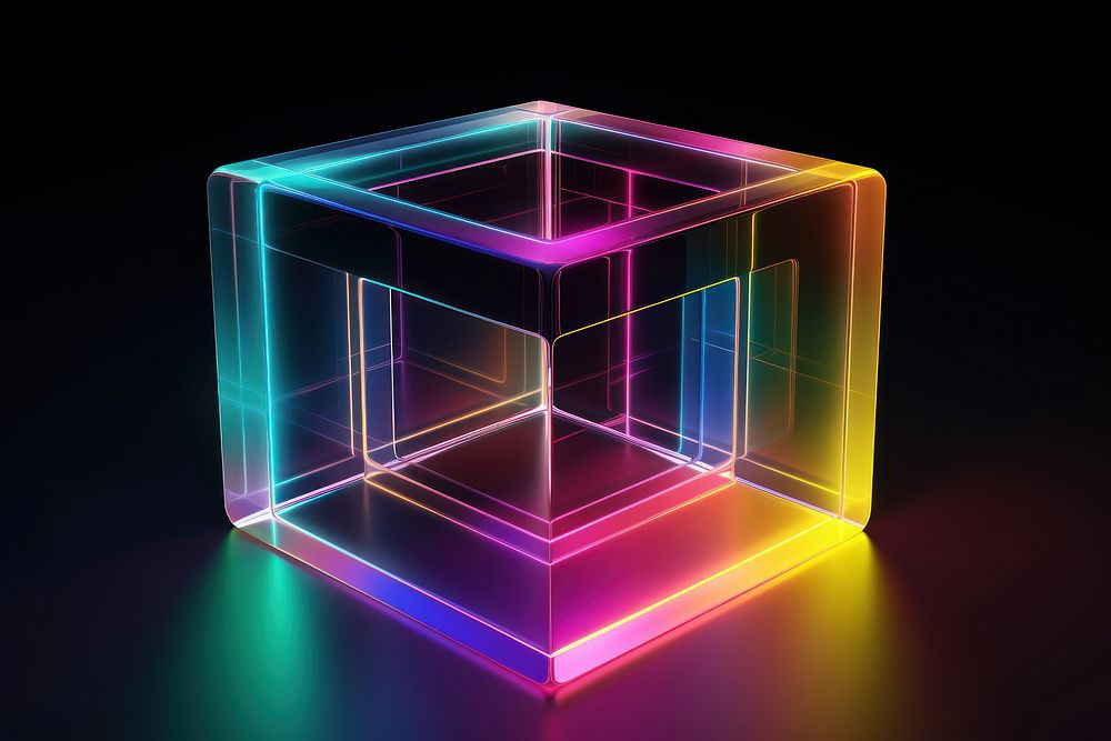 3D render of cube neon icon light illuminated futuristic.