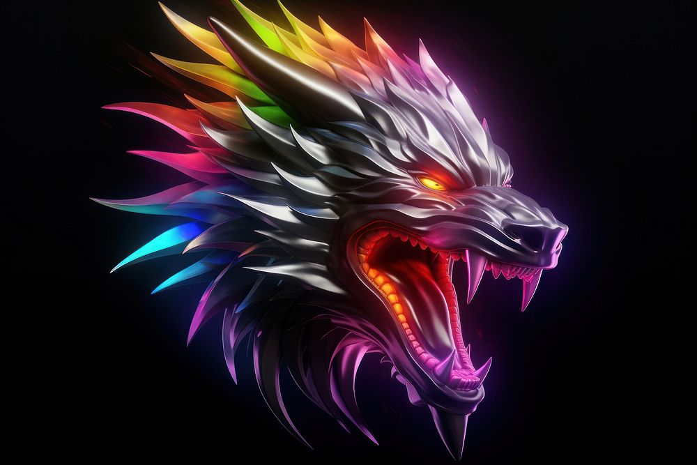 3D render of neon angry dragon icon illuminated creativity darkness.
