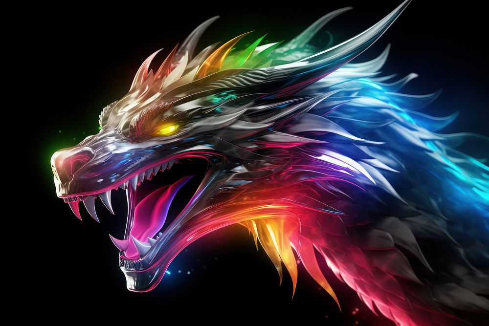 3D render of neon angry dragon icon illuminated creativity futuristic.