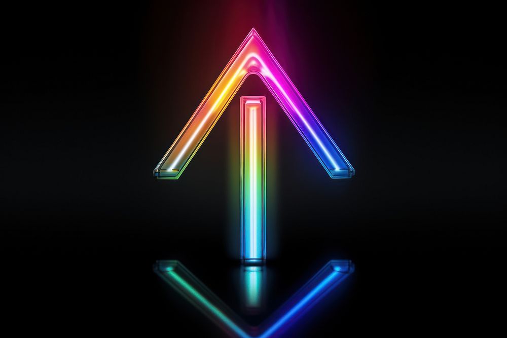 3D render of neon arrow icon rainbow light illuminated.