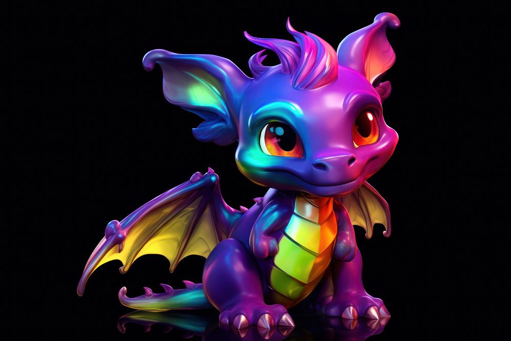 3D render of neon baby dragon icon purple representation celebration.