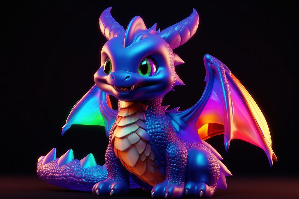3D render of neon baby dragon icon purple animal representation.
