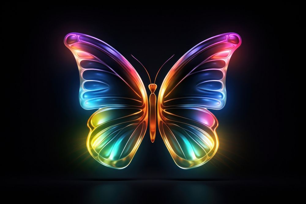 3D render of neon butterfly flying icon nature light illuminated.