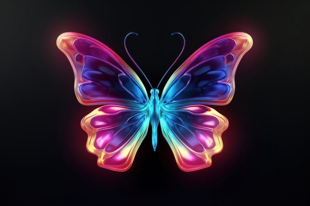 3D render of neon butterfly flying icon pattern purple light.