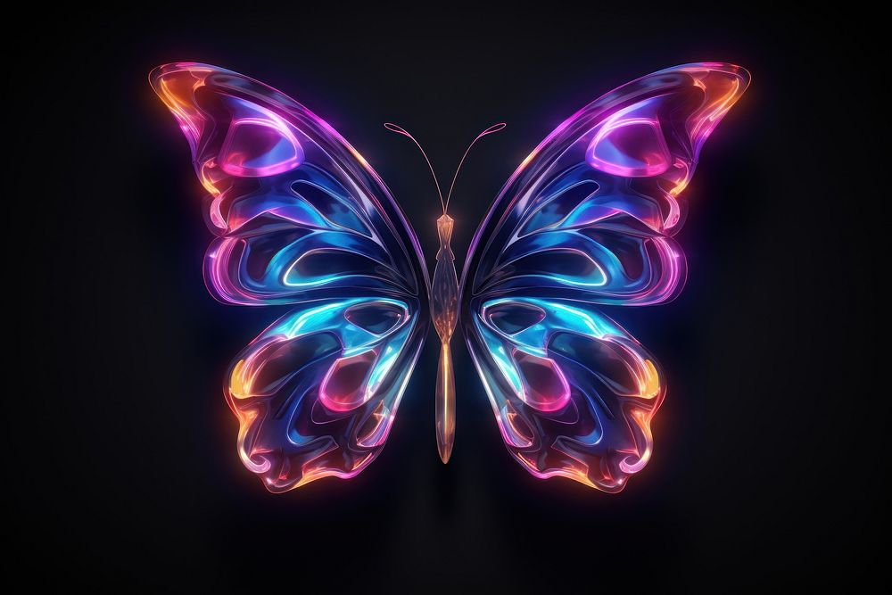 3D render of neon butterfly flying icon pattern purple illuminated.