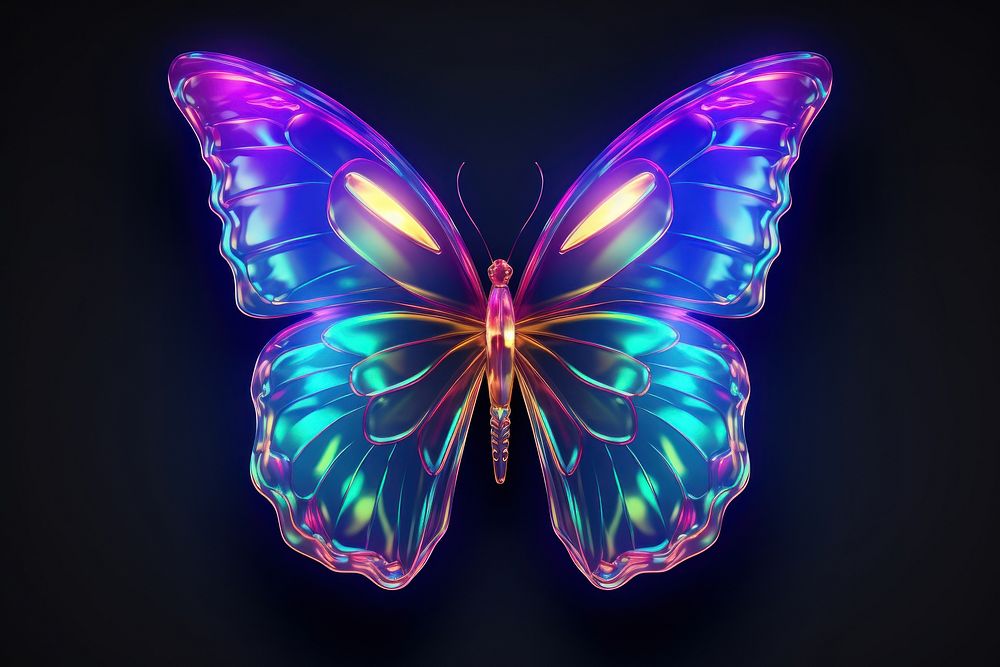 3D render of neon butterfly flying icon pattern animal insect.