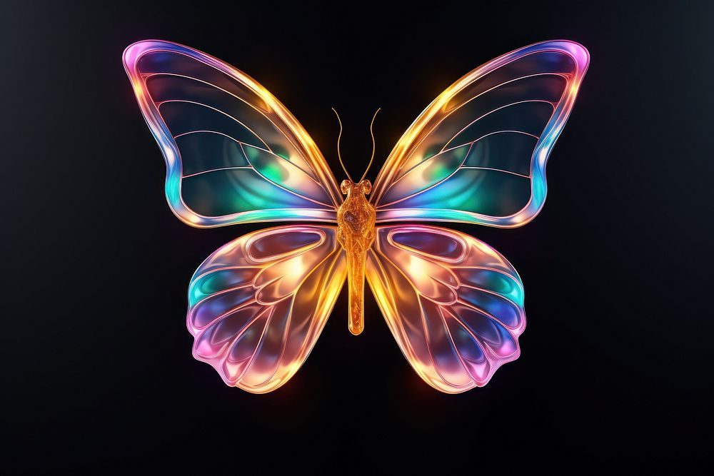 3D render of neon butterfly flying icon pattern animal insect.