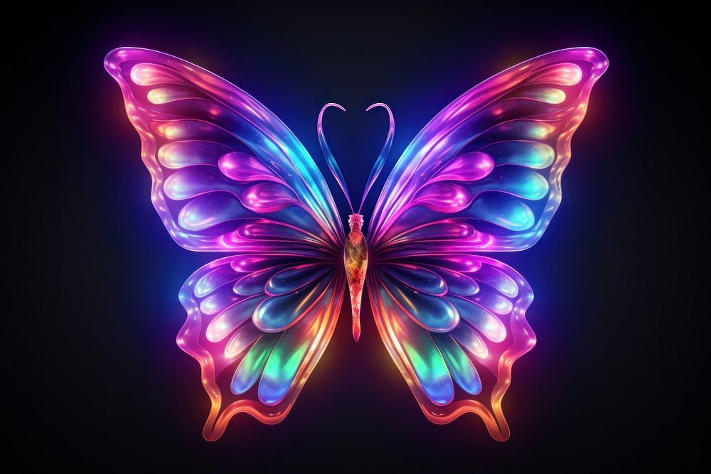 3D render of neon butterfly icon pattern purple illuminated.