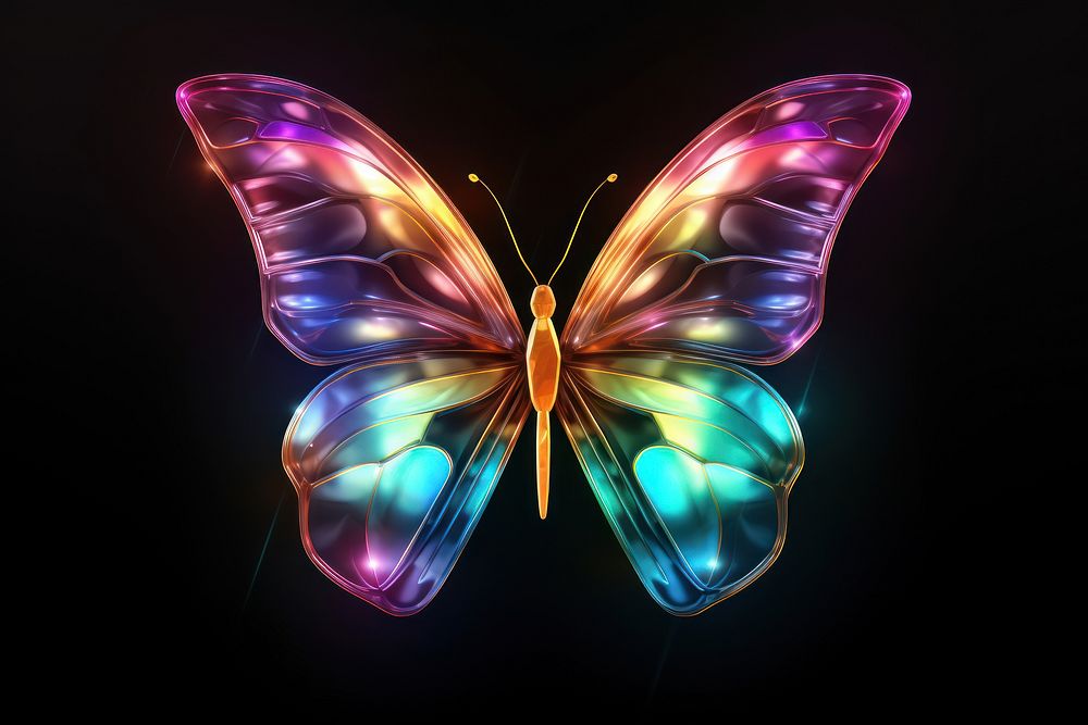3D render of neon butterfly icon animal insect purple.