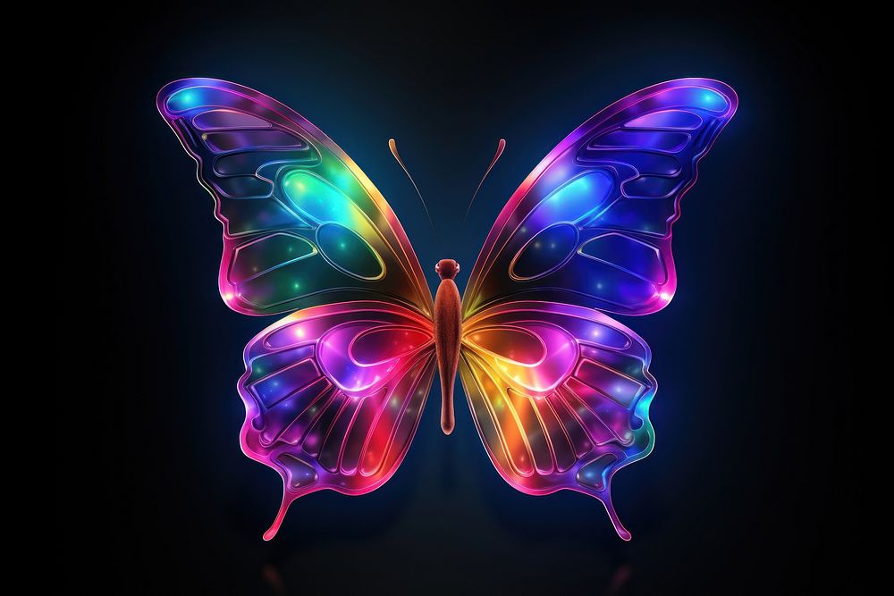 3D render of neon butterfly icon pattern animal insect.