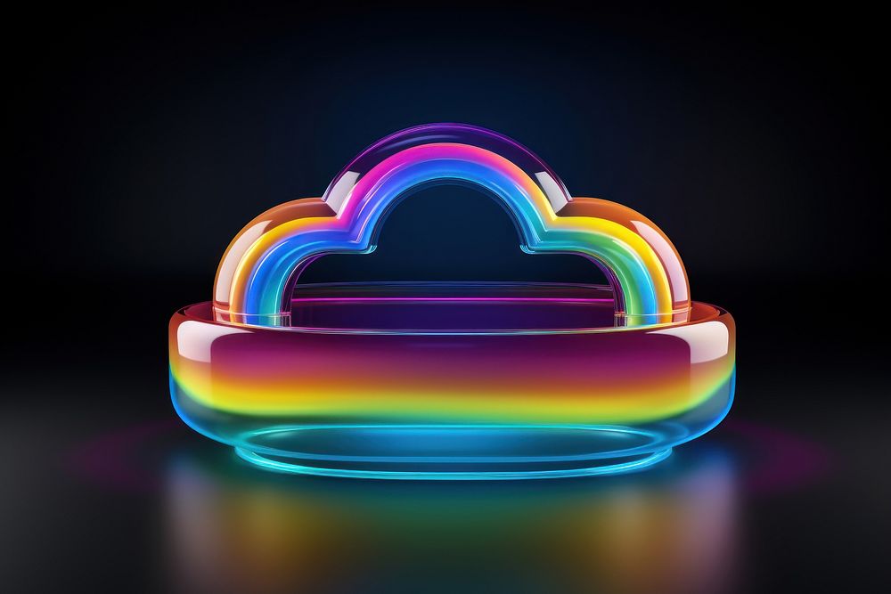 3D render of neon cloud icon rainbow light reflection.