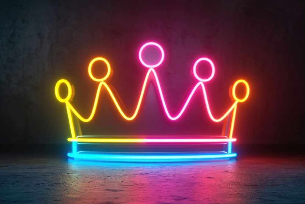 3D render of neon crown icon light night representation.
