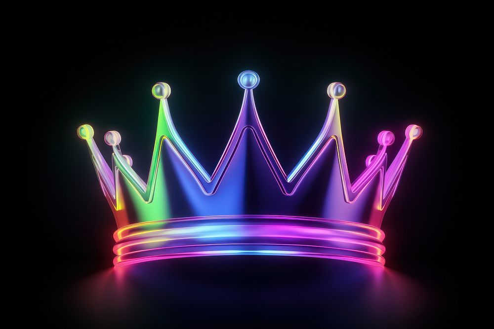 3D render of neon crown icon lighting illuminated celebration.