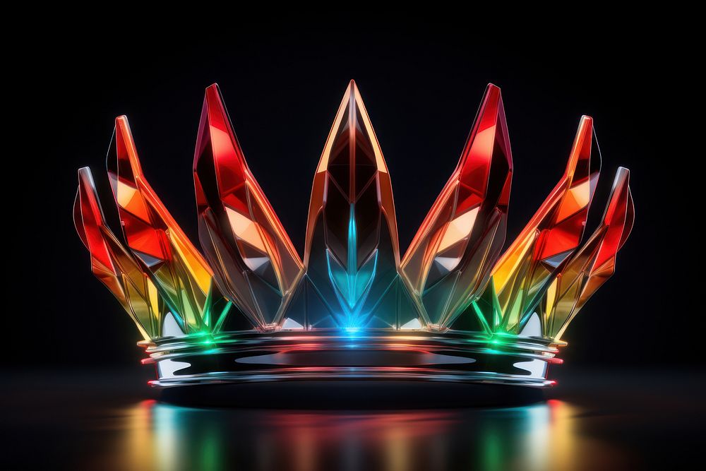 3D render of neon crown icon jewelry illuminated celebration.
