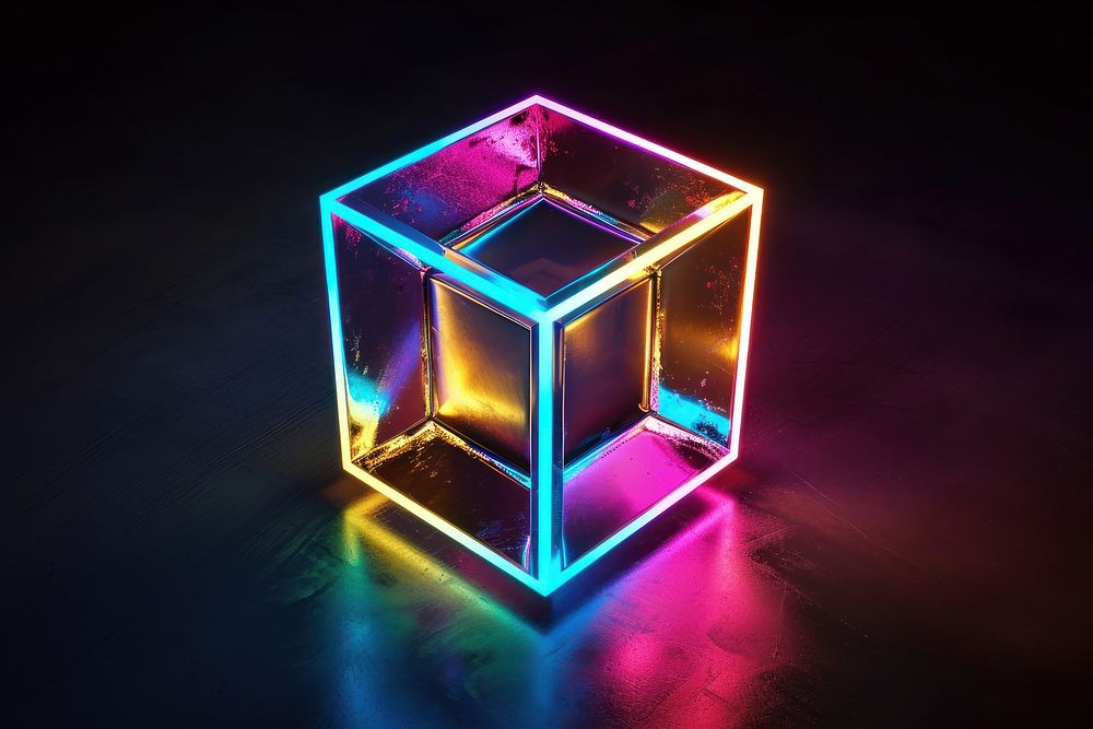 3D render of neon cube icon light glass illuminated.