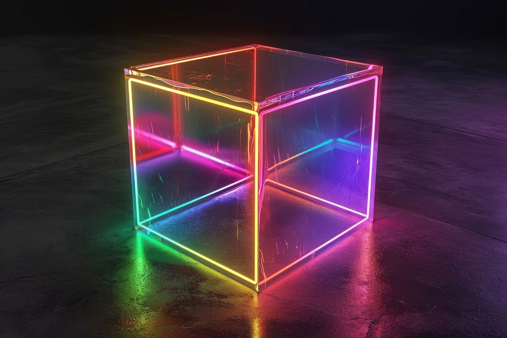 3D render of neon cube icon light illuminated scoreboard.