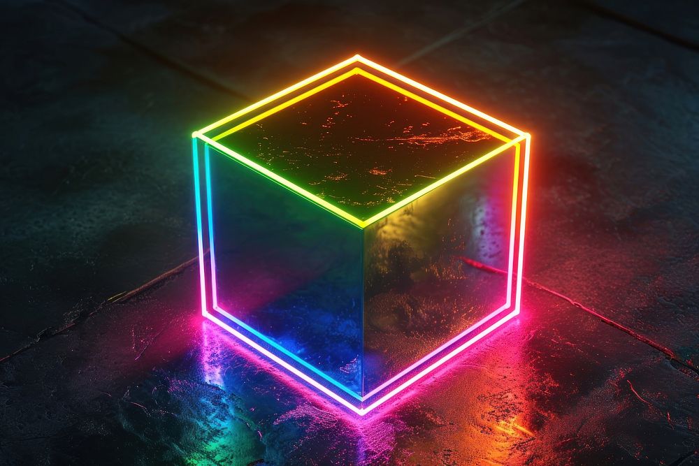 3D render of neon cube icon light night illuminated.