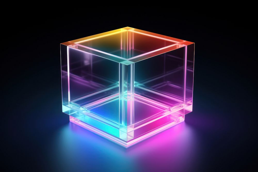 3D render of neon cube icon light illuminated electronics.