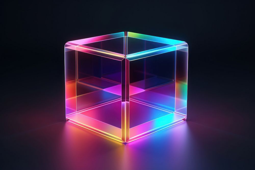 3D render of neon cube icon glass illuminated technology.