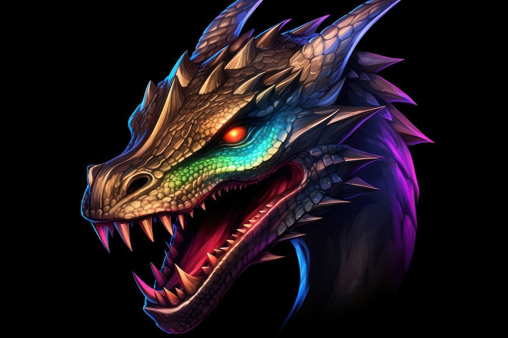 3D render of neon cute dragon icon creativity dinosaur darkness.