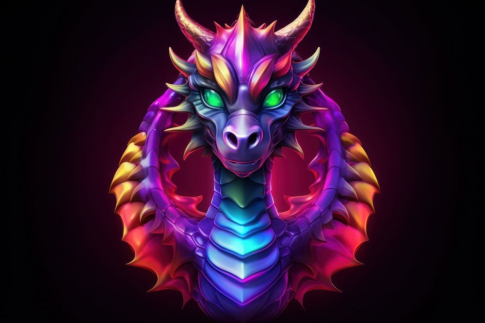 3D render of neon cute dragon icon purple representation illuminated.