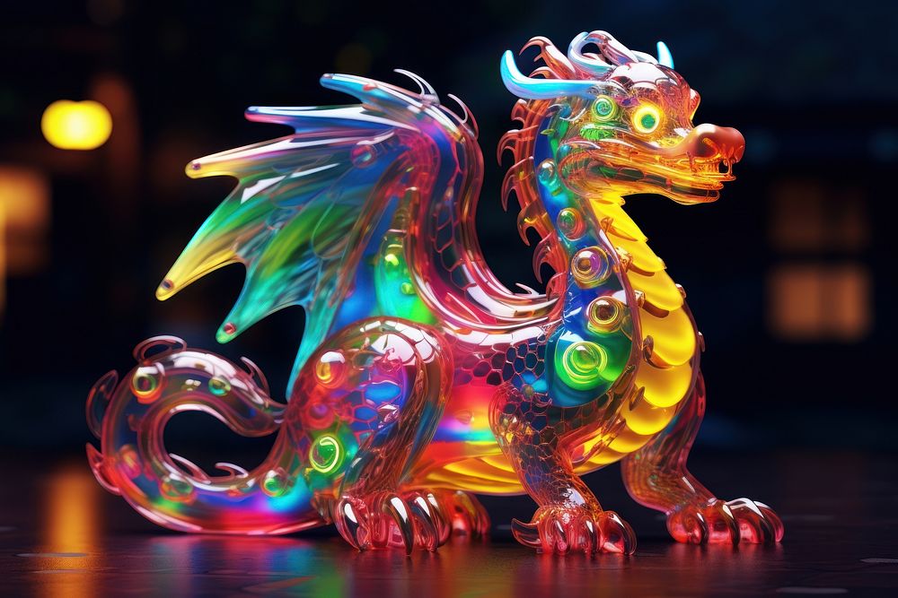 3D render of neon cute dragon icon representation illuminated celebration.