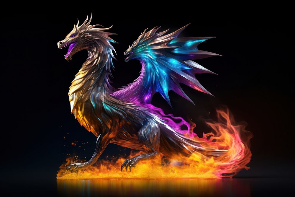 3D render of neon dragon fire breathing icon illuminated creativity darkness.