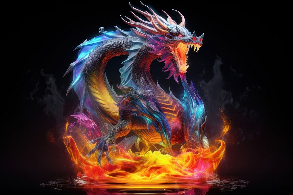 3D render of neon dragon fire breathing icon creativity darkness abstract.