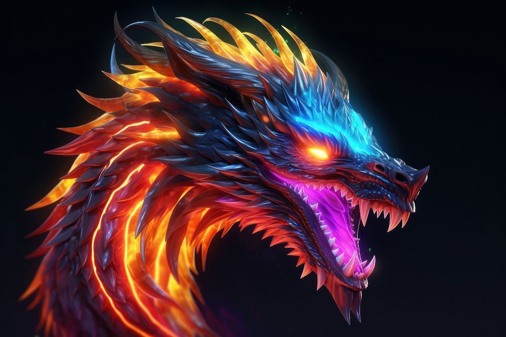 3D render of neon dragon fire breathing icon night illuminated creativity.