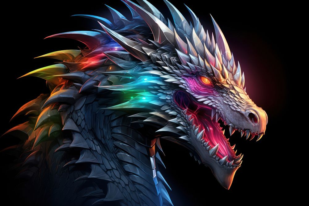 3D render of neon dragon fire icon animal creativity darkness.