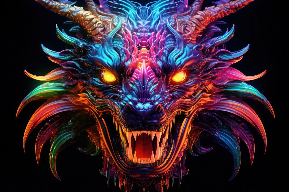 3D render of neon dragon icon pattern representation illuminated.