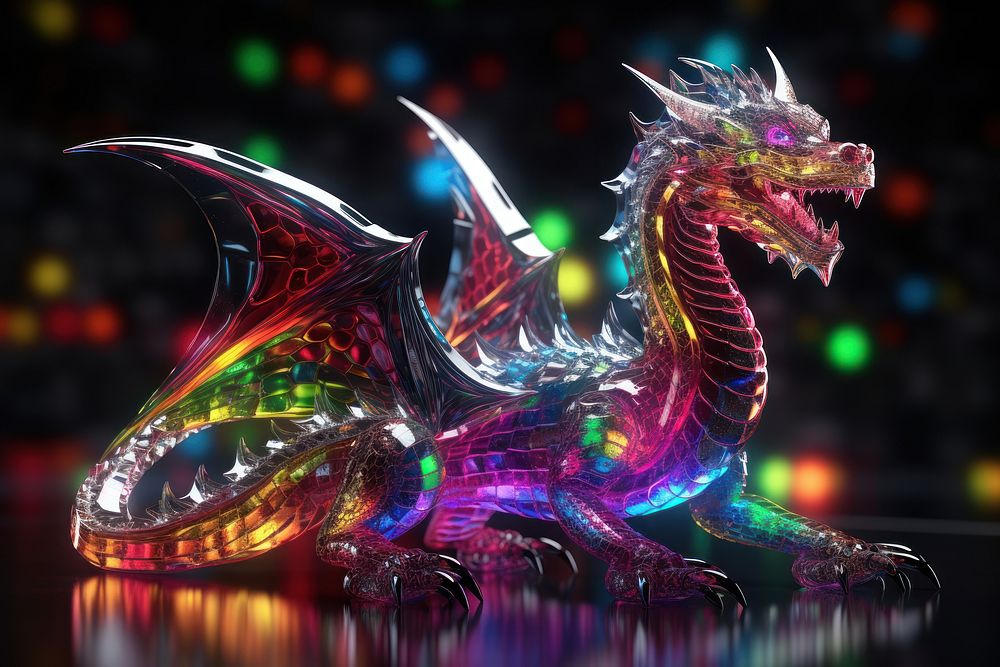 3D render of neon dragon pixel icon representation illuminated celebration.
