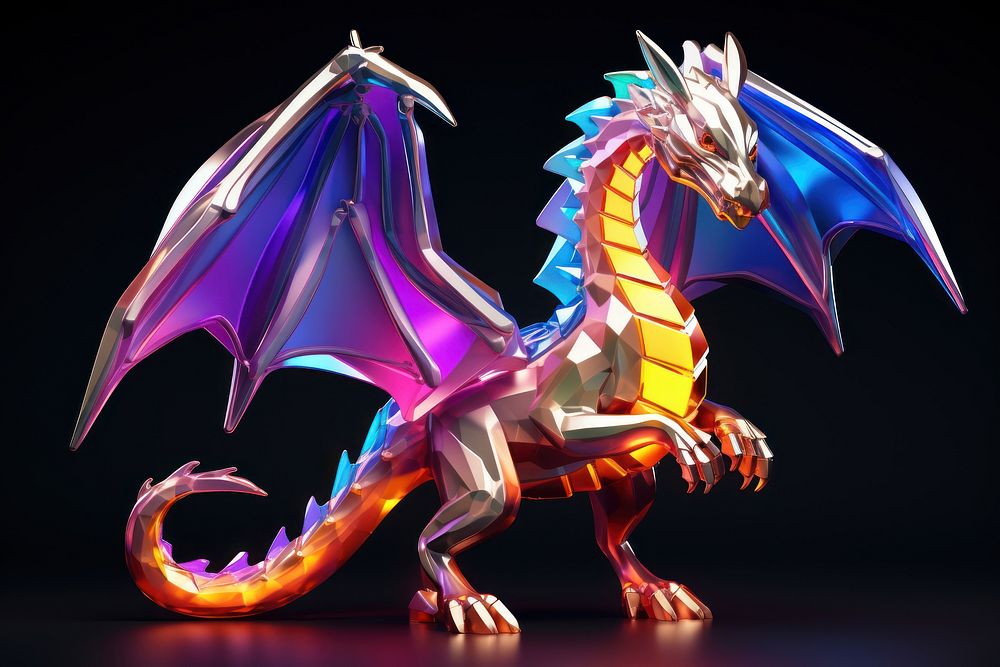 3D render of neon dragon toy icon animal representation creativity.