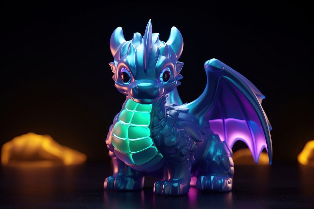 3D render of neon dragon toy icon representation illuminated accessories.