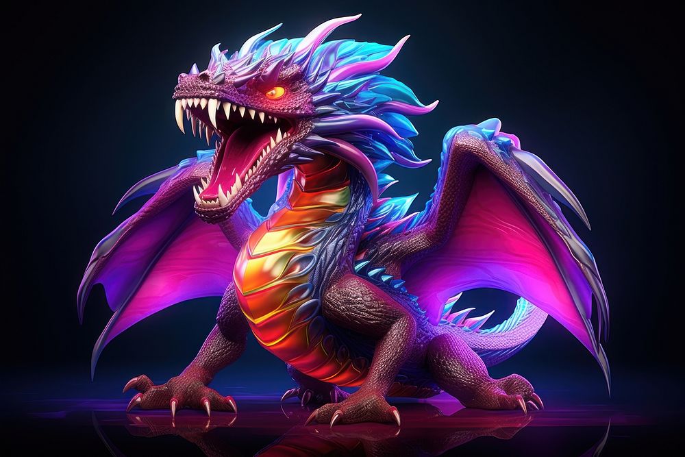3D render of neon dragon toy icon animal representation illuminated.