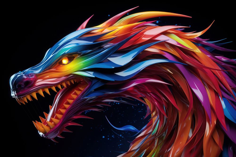 3D render of neon fire dragon icon representation creativity darkness.